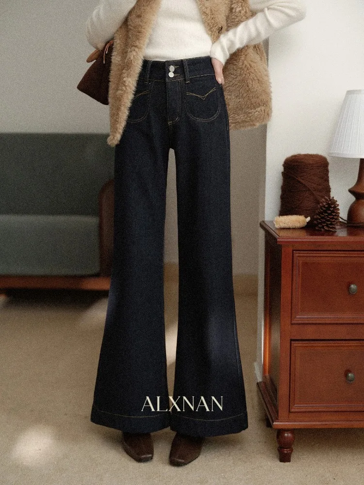 

ALXNAN Dark Blue Fleece-lined Jeans Fall Winter Warm Wide-leg Straight Cotton Women's Baggy Denim Pants Belt Not Included L59957