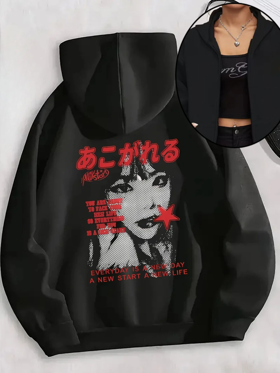 Y2K Japanese Portrait Anime Aesthetics Women's Zipper Hoodies Cotton Fleece Jacket Hoody Sweatshirt Pullover Autumn Winter Coat
