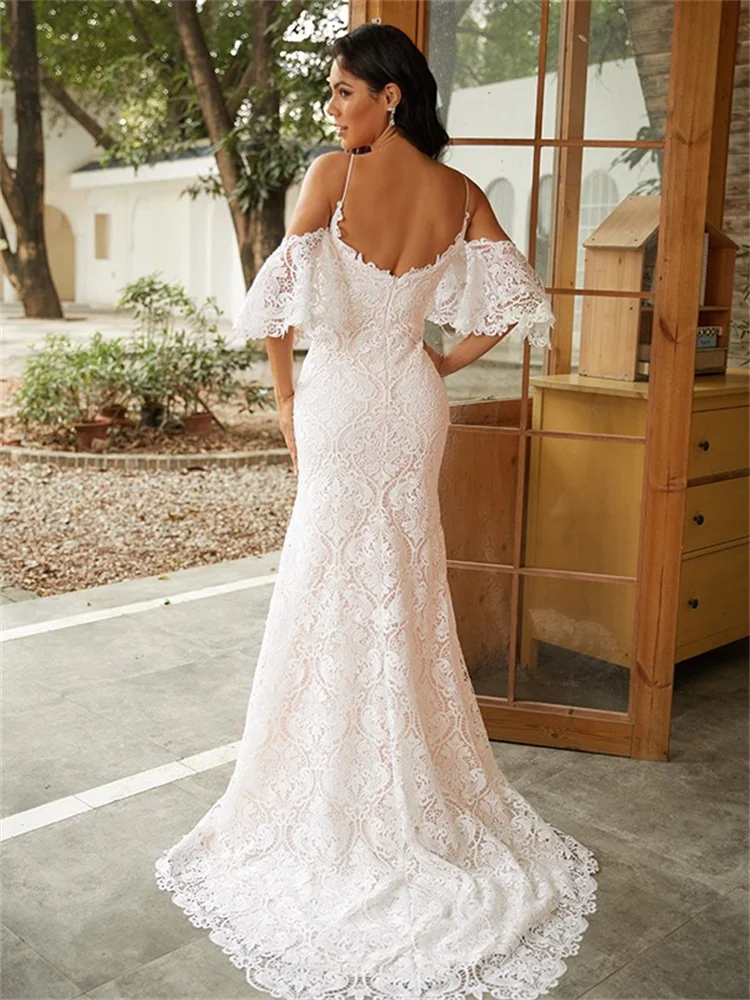 Sheath/Column Lace V-neck Short Sleeves Sweep/Brush Train Wedding Dresses Sexy Backless Slim Long Solid Color Dress for Wedding