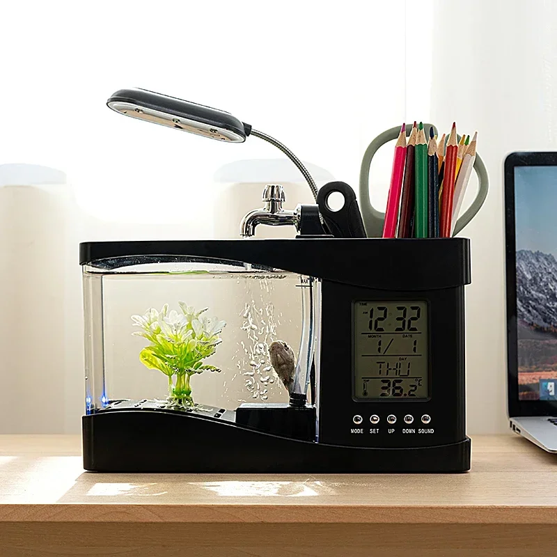 

Creative desktop with storage small fish tank, multi-function with alarm clock