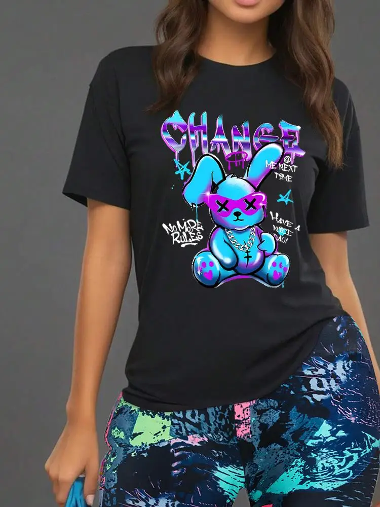 

Cartoon Rabbit Printing Women T Shirts Two Piece Set Fashion Street Novel Floral Shorts Sets Breathable Soft Tops Shorts Female