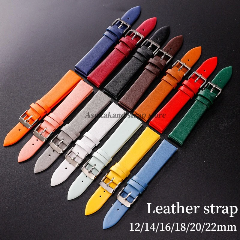 Ultra Thin 12mm 14mm 16mm 18mm 20mm 22mm Cowhide Leather Watch Band Universal Men Women Watchstrap Colorful Replacement Bracelet