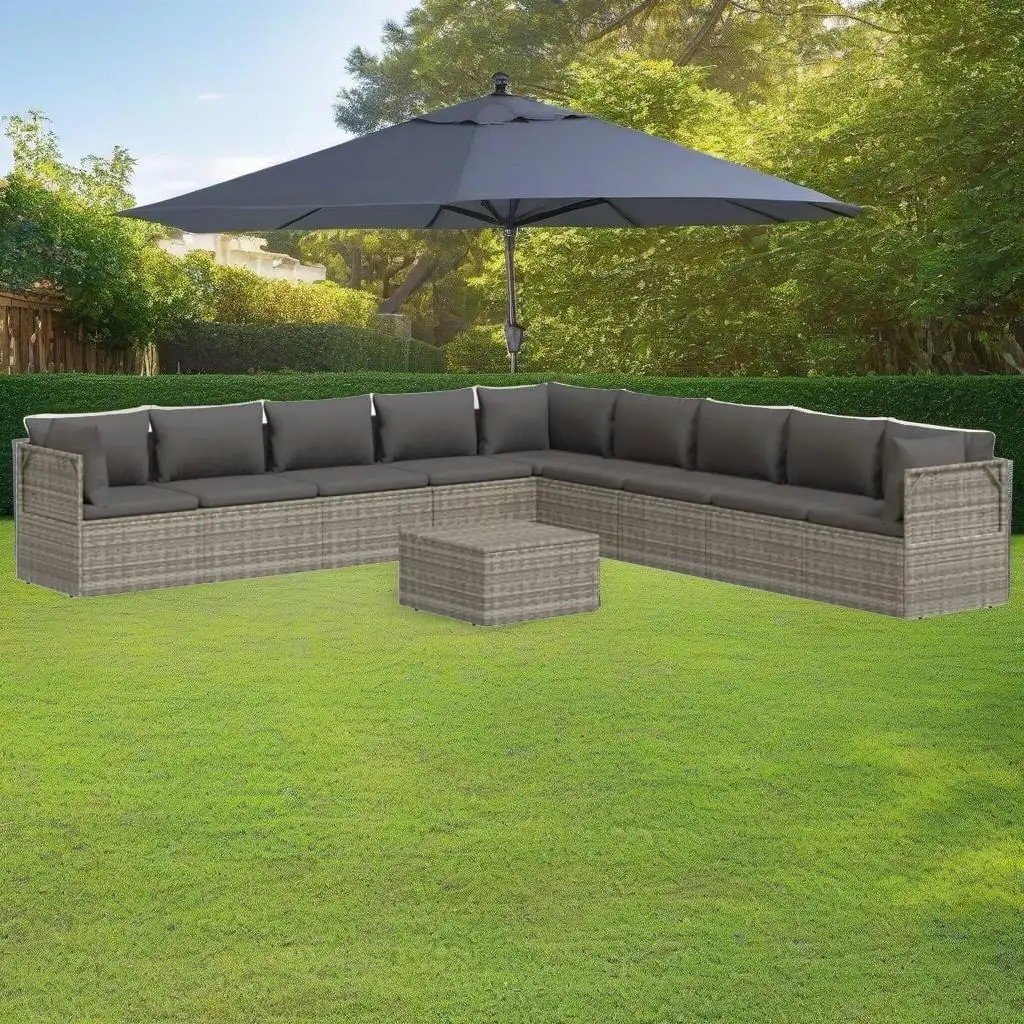 10-Piece Gray Poly Rattan Patio Lounge Set with Cushions - Stylish Outdoor Furniture