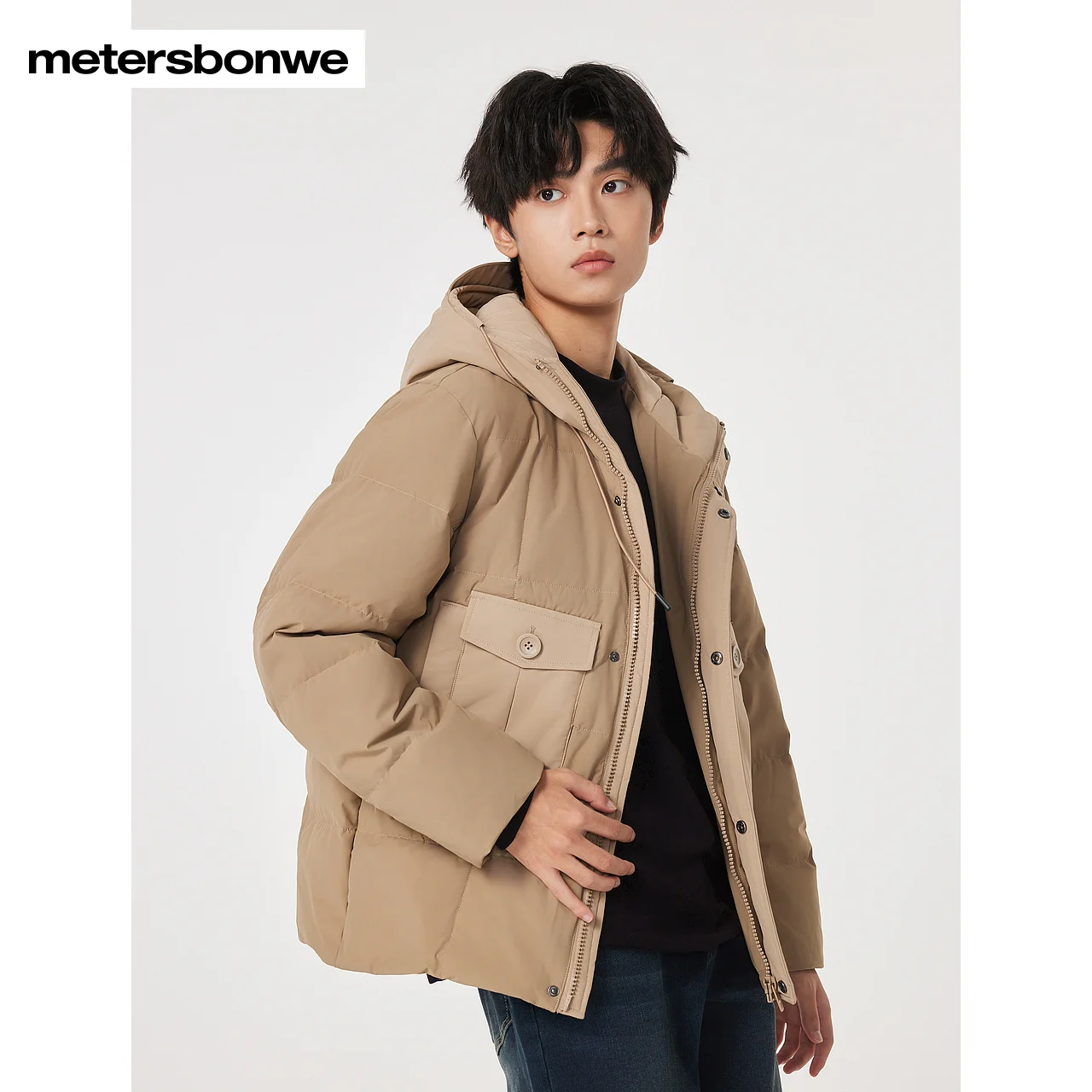 

Metersbonwe-Men Jacket Puffer 90Duck Down Color Clash Hooded Coats Hat Drawstring Windproof Comfort Fit Bussiness Casual Winter