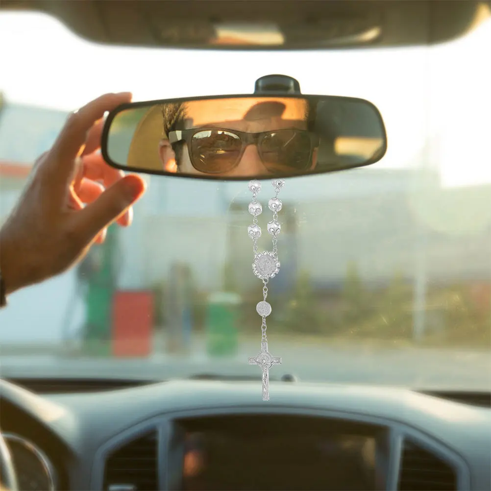 

2Pcs Mirror Cross Hanging Ornament for Car Elegant Metal Lace Design with Glass and Imitation Pearl Auto Rosary Pendant Interior