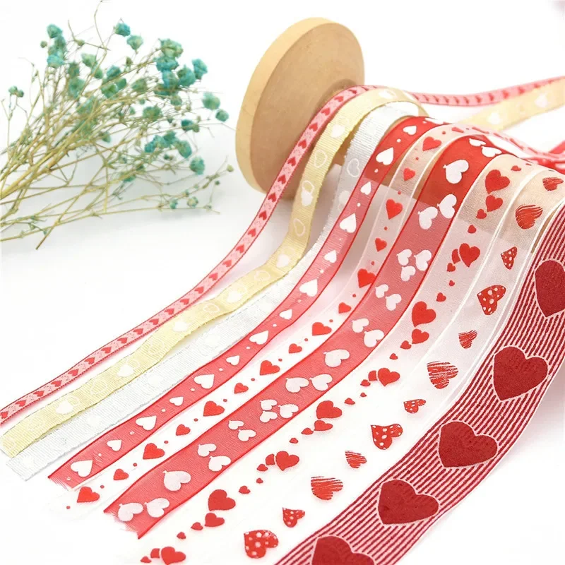 (10Meter 6mm10mm 15mm Heart Printed Organza Ribbons Polyester Band Valentine's Day Bouquet Gift Packaging Baking Decorate Ribbon