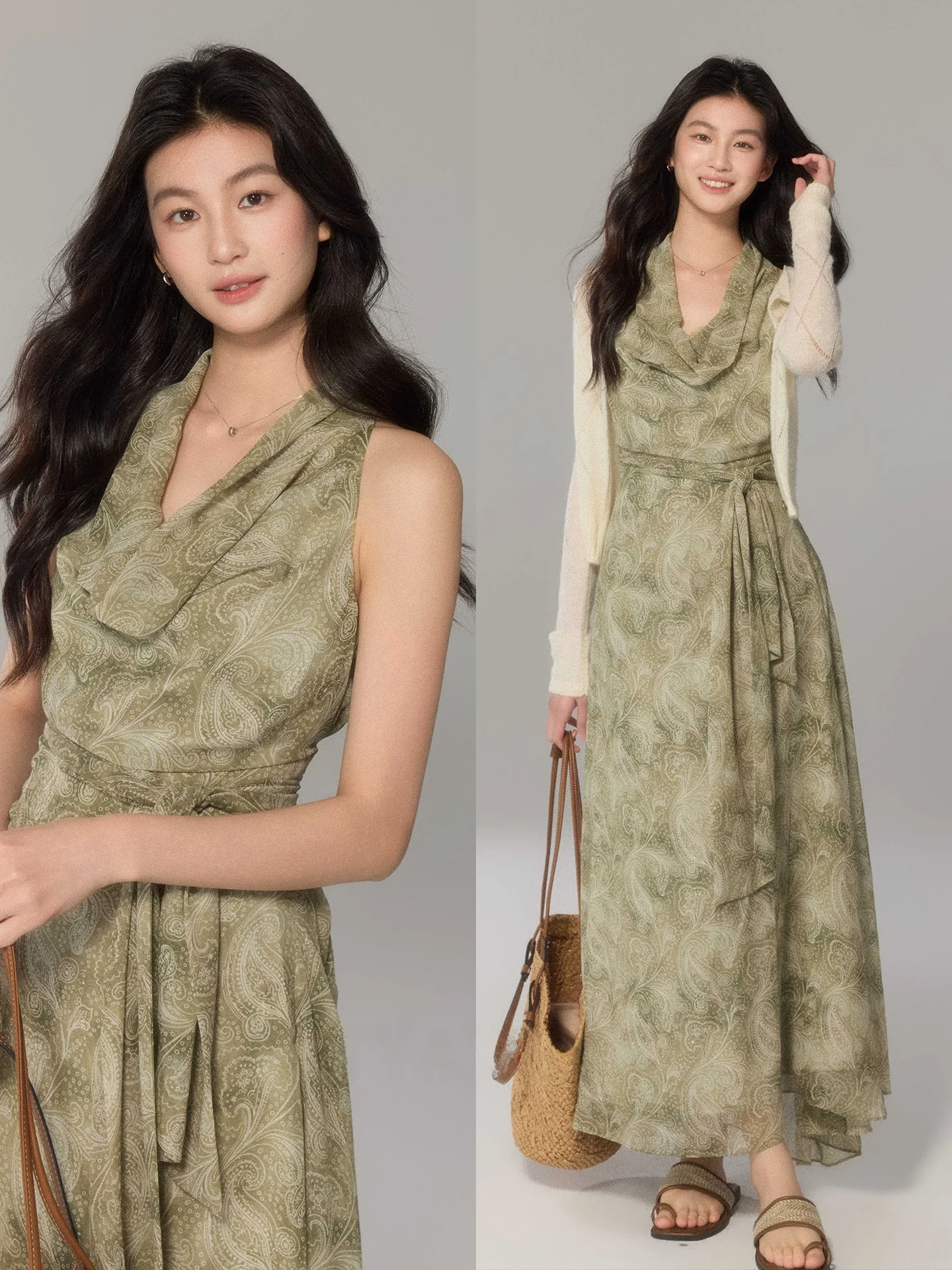 

Elegant Watercolor Print Long Dress Women's Gentle Atmosphere Neckline Draped Dress Commute Style Polyester Fiber Skirt