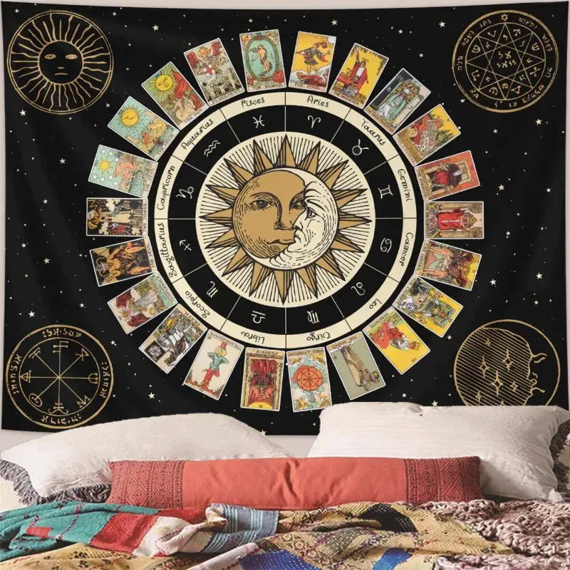 VIKAMA Tarot Zodiac Wheel Wall Tapestry Black Background Sun Moon Face Twelve Constellation Card Astrology Occult Mystical Decor