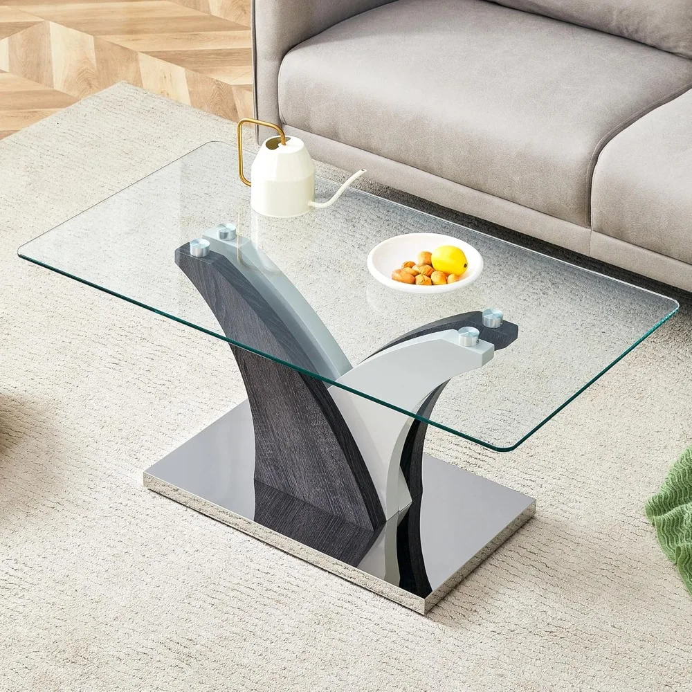 

Glass Coffee Table for Living Room, 39 Modern Rectangle Coffee Tables with Tempered Glass Top and Sturdy Y-Shaped Wooden Base