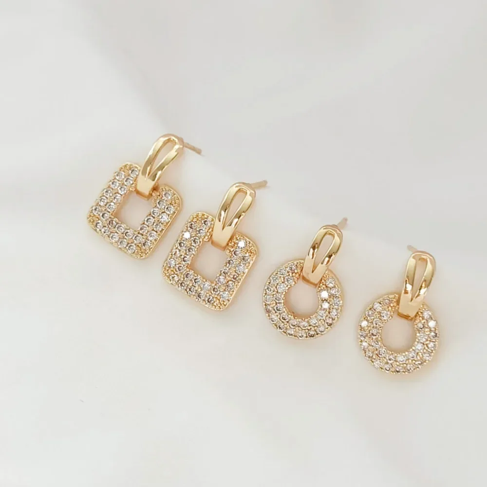 

14K Gold-plated Micro-inlaid Zircon Square and Round S925 Silver Ear Needle Finished DIY Earrings and Earrings