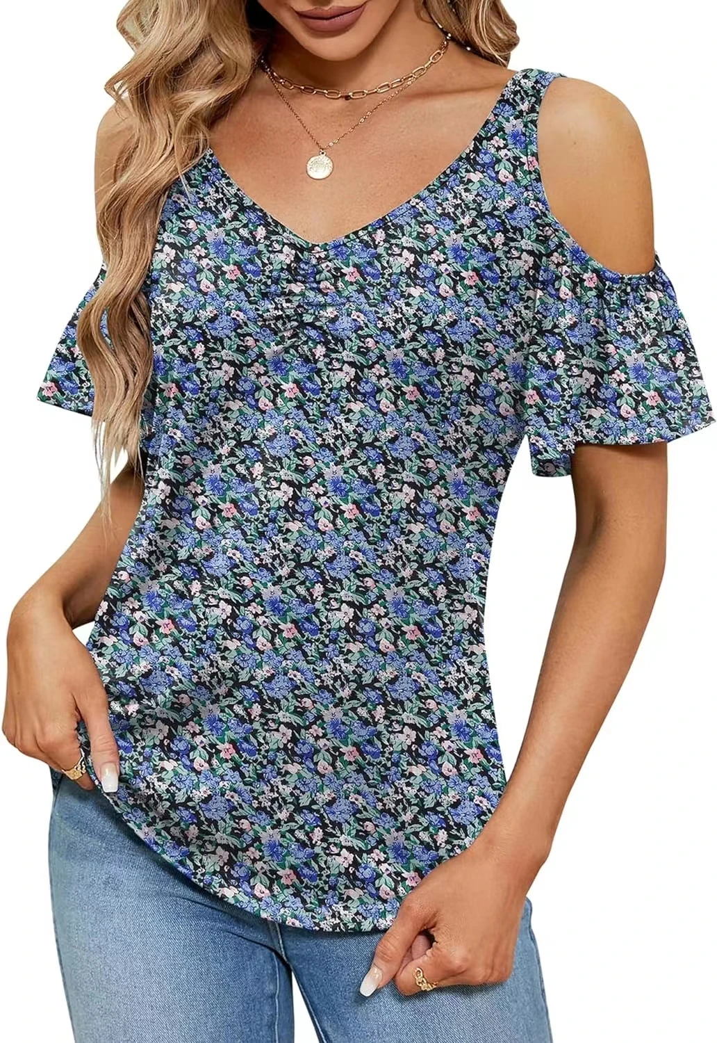 Summer new large-size women\'s print V-neck off-the-shoulder T-shirt short-sleeved blouse woman