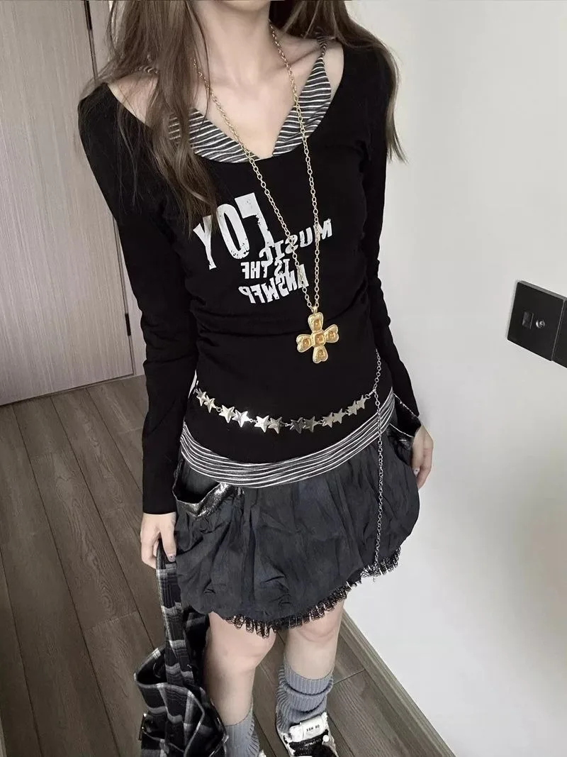 

Японские топы в полоску Y2K Shibuya с открытыми плечами, женский комплект из двух предметов, рубашка с длинными рукавами, субкультура, тонкие футболки с рисунком в стиле панк