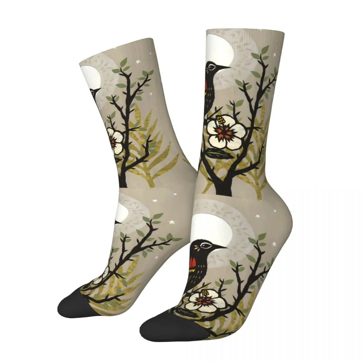 

Funny Happy Sock for Men Moon Offering Bird Vintage British Folk Pattern Printed Crew Sock