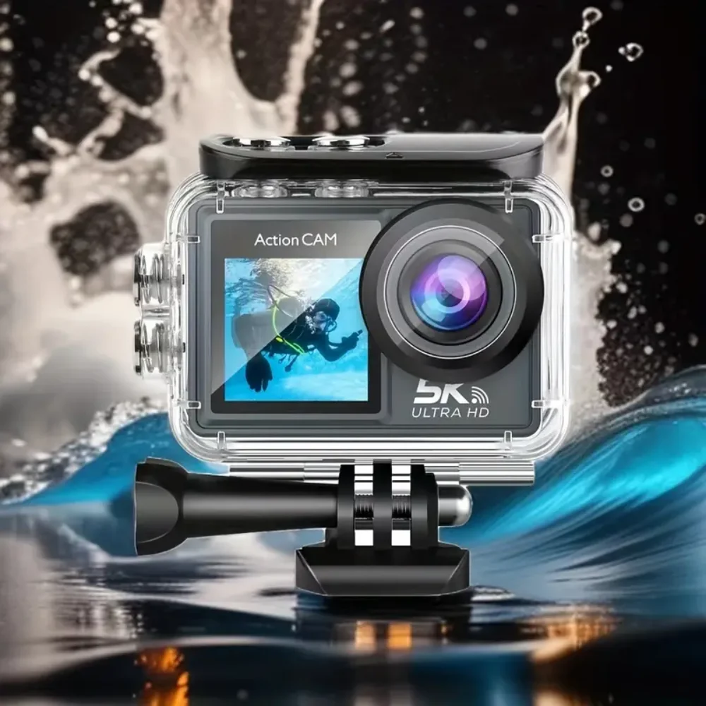 5K Ultra HD action camera with dual 2.0 and 1.4-inch screens, WiFi smartphone connection, perfect for helmet cameras