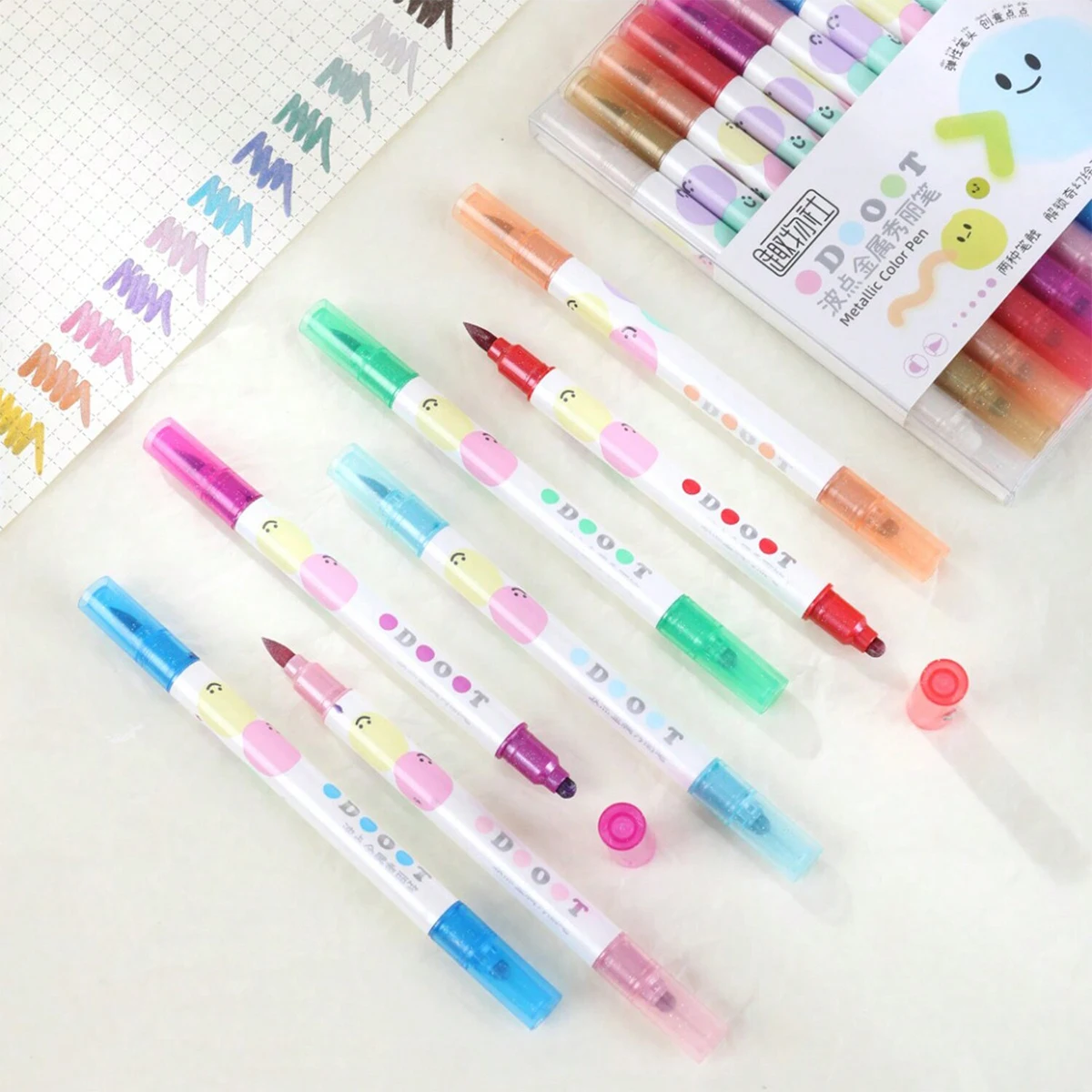 12Colors/box Kawaii Double Head Wave Dot metal beauty pen Marker For Scrapbook Painted Stationery School Supplies