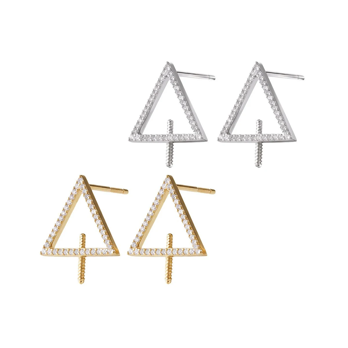 2Pairs/lot Micro Embedded Zircon Triangular Pearl Earring Posts Blank Fit Settings Round Bead DIY Earring Jewelry Making