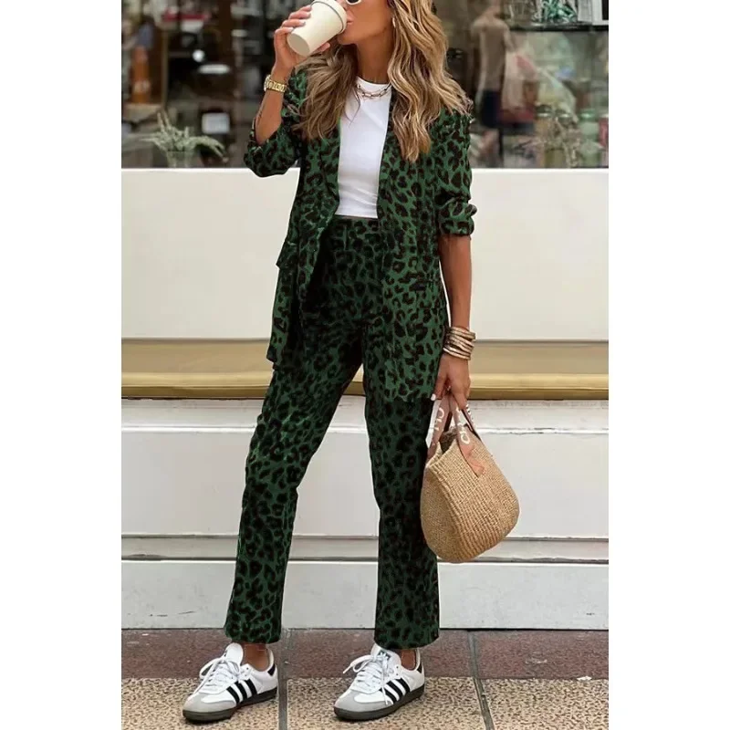 Leopard Print Loose Long Sleeve Blazer Coat Pants Suit Tracksuit Streetwear Autumn Winter Women Two Piece Pants Set Outfits