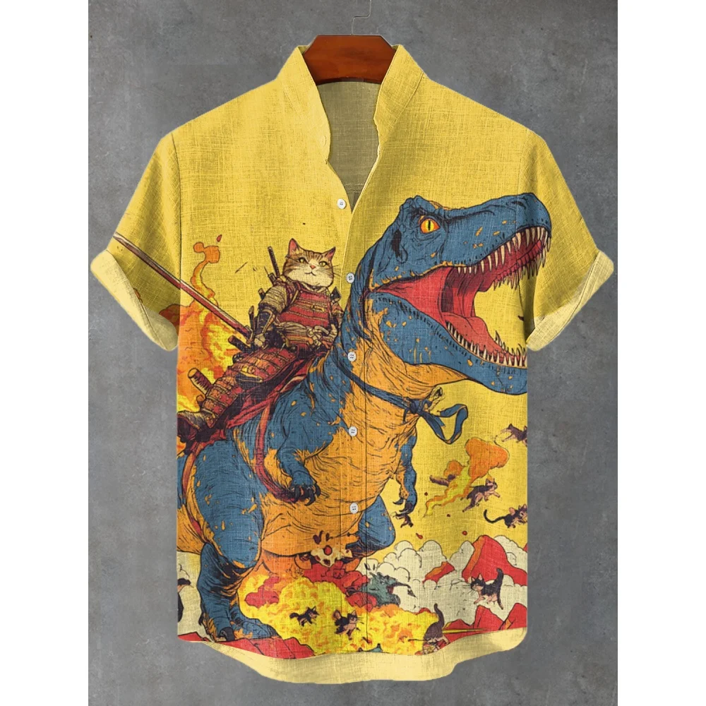 

2025 Men's Shirts Cartoon Cat Dinosaur Art 3D Print Hawaiian Shirts Fashion Men Women Short Sleeve Lapel Blouse Casual Shirts