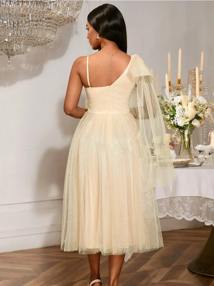 Elegant One-Shoulder Suspender Mesh Dress V Neck 3D Flower A Line High Waist Pleated Party Gown Bridesmaid Wedding Guest Dress