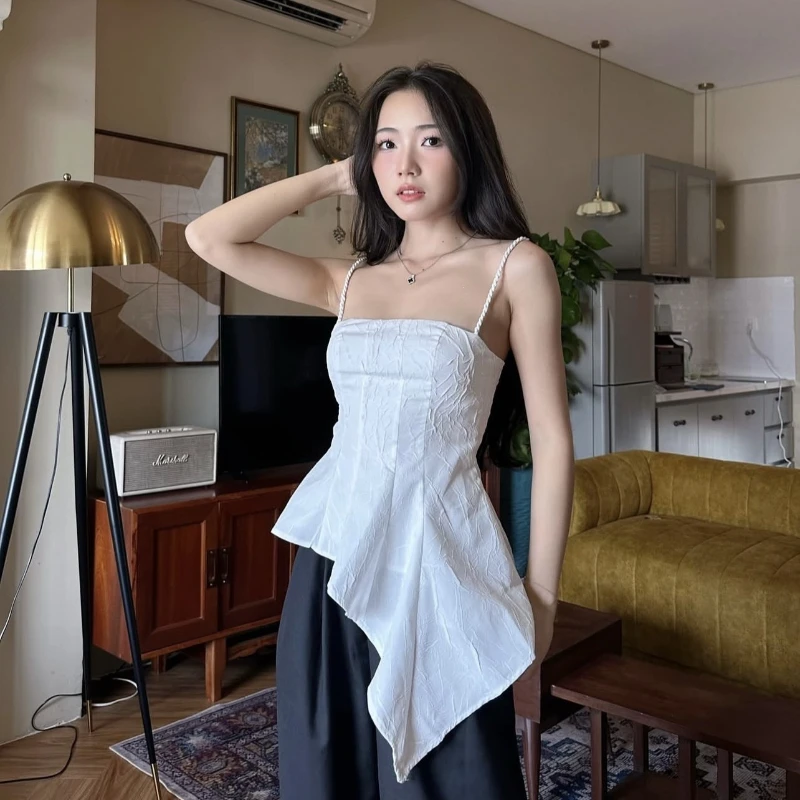 2026 Hot Summer Fried Dough Twists Slim Shoulder Strap Design Pleated Solid Irregular Hem Strap