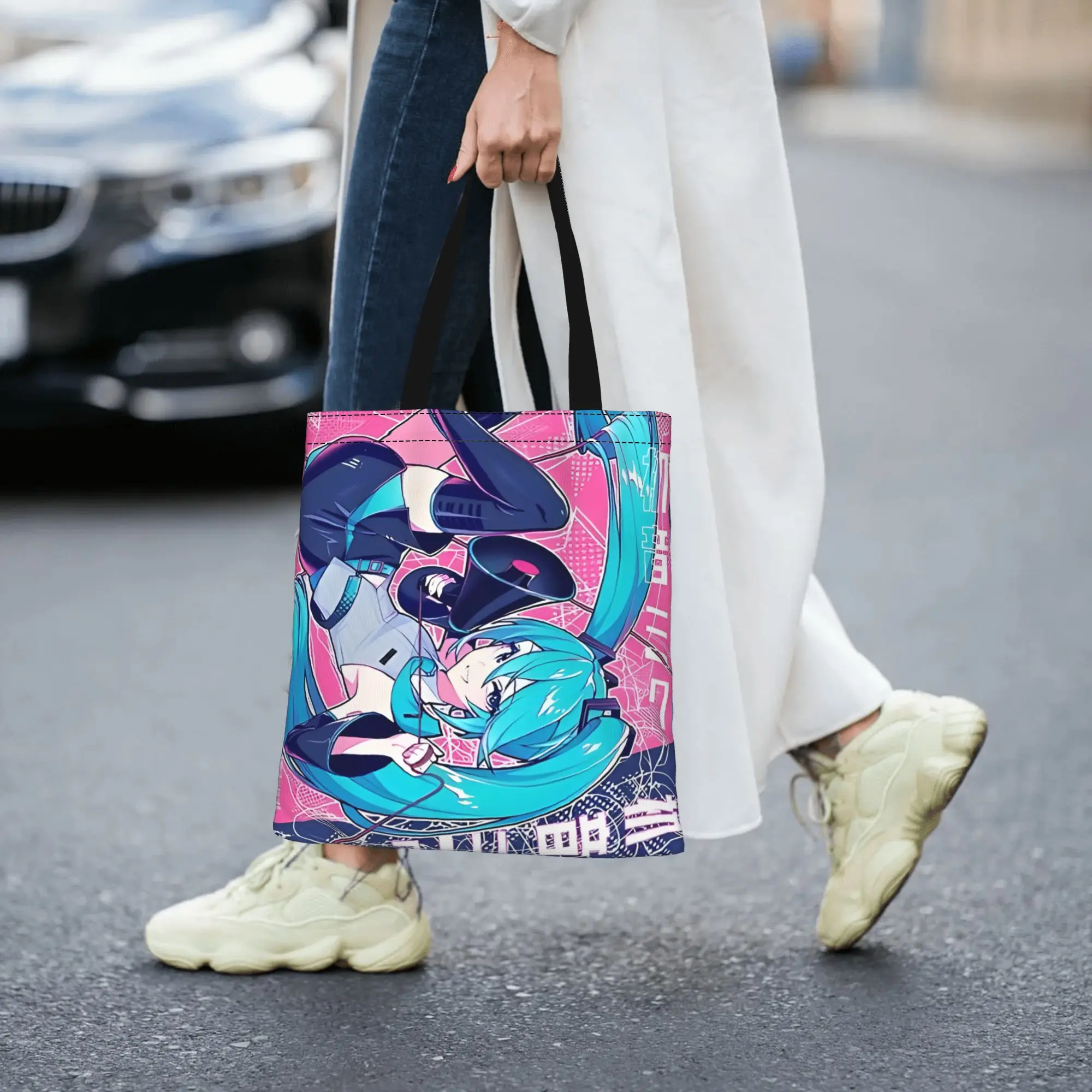 Customized Hatsune Miku Cartoon Singer Women's Bag Shopping Bag Reusable Double Sided Canvas Tote Bag Shoulder  Handbag