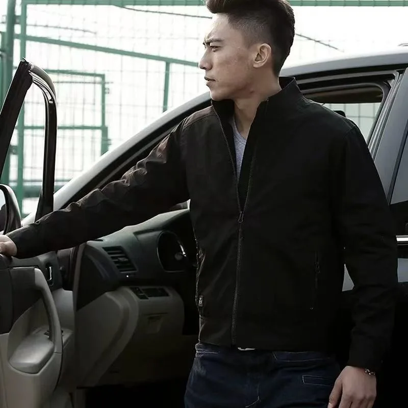 

Men's Long Sve Jaet Pure Color Workwear Spring Autumn Outerwear Zipper Decorated Stand Fit Youth Faion Windproof