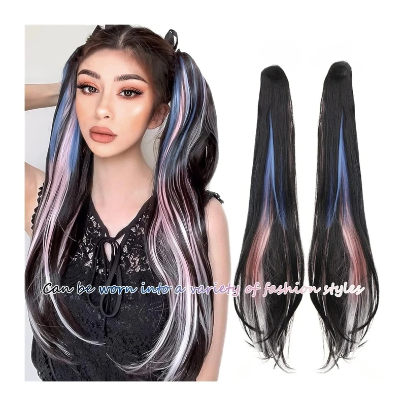 Postizo de cola de caballo de colores mezclados para mujeres y niñas, extensiones de cabello liso, largo y suave, Clip en cordón rizado, uso diario, moda