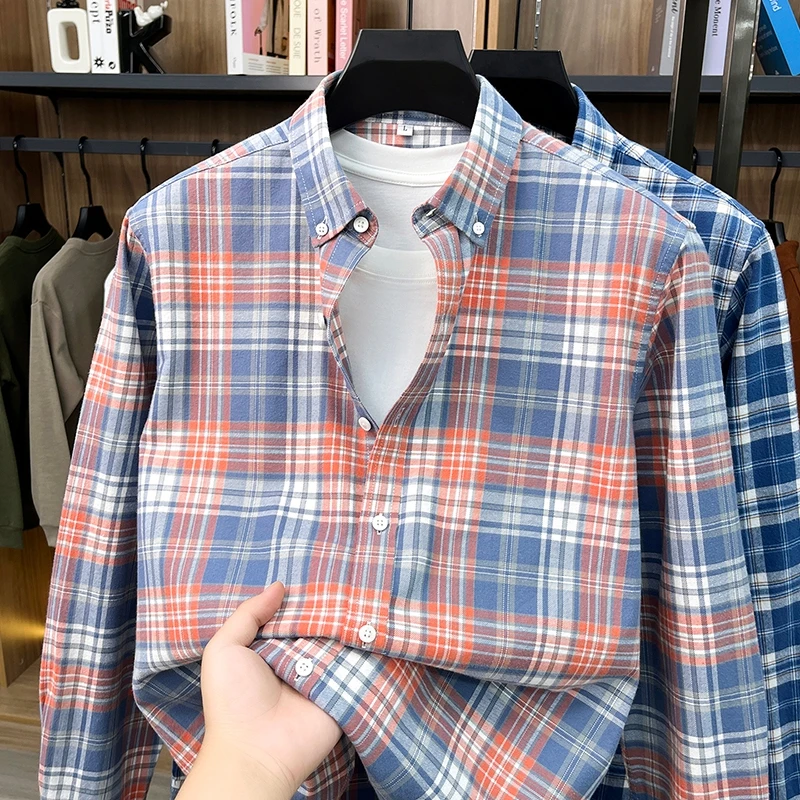 Luxury 100% cotton checkered long sleeve shirt men's comfort casual spring autumn high-quality Korean style youth fashion top