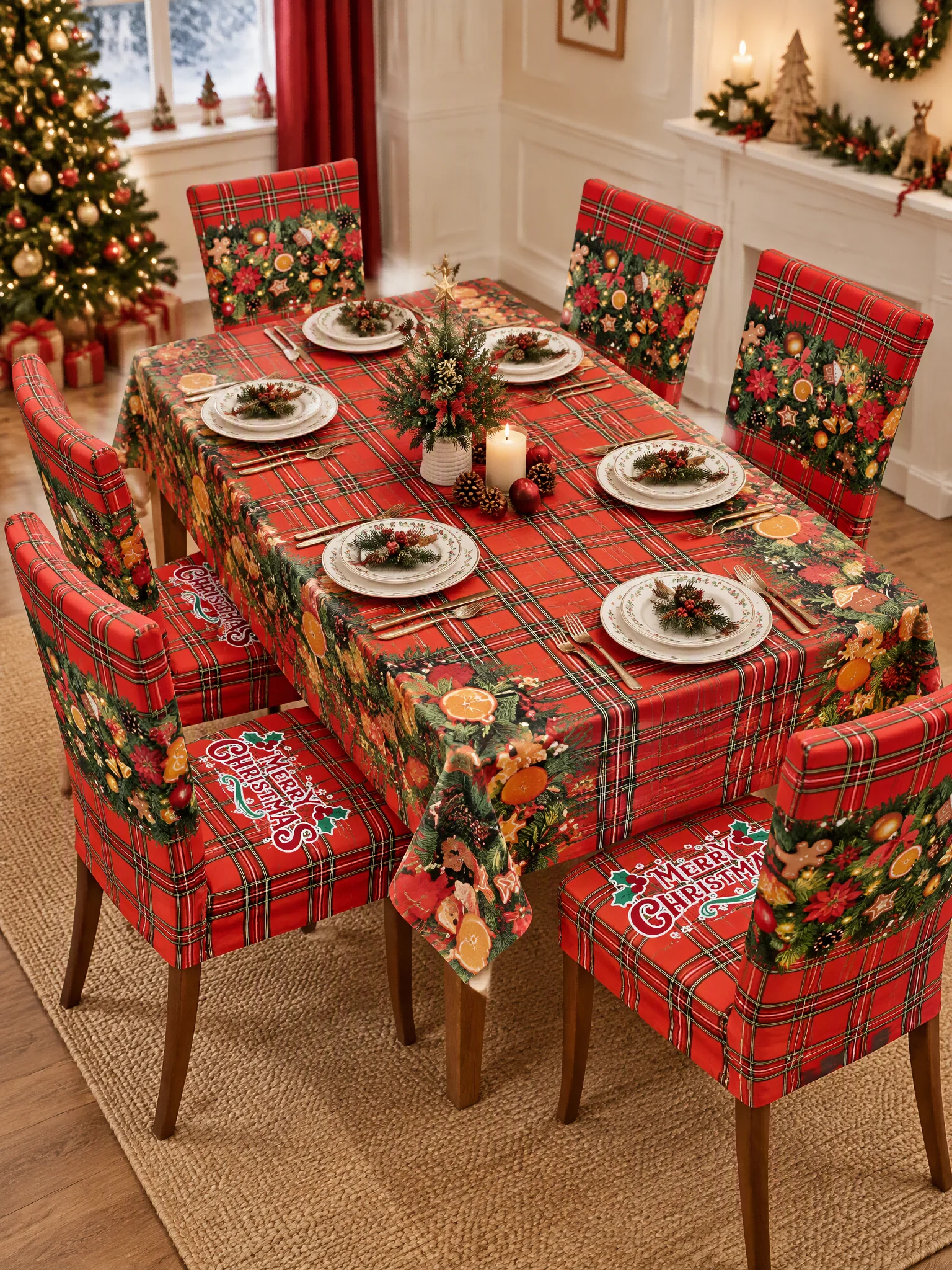 Christmas Tablecloth Red Tartan Garland Rectangle 140x210cm Waterproof Xmas Dining Table Cover for Holiday Party