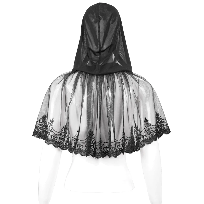DEVIL FASHION Halloween Witch Spider Web Lace Hooded Short Cape Women Black Tassel Fringe Gothic Transparent Shawl CA022