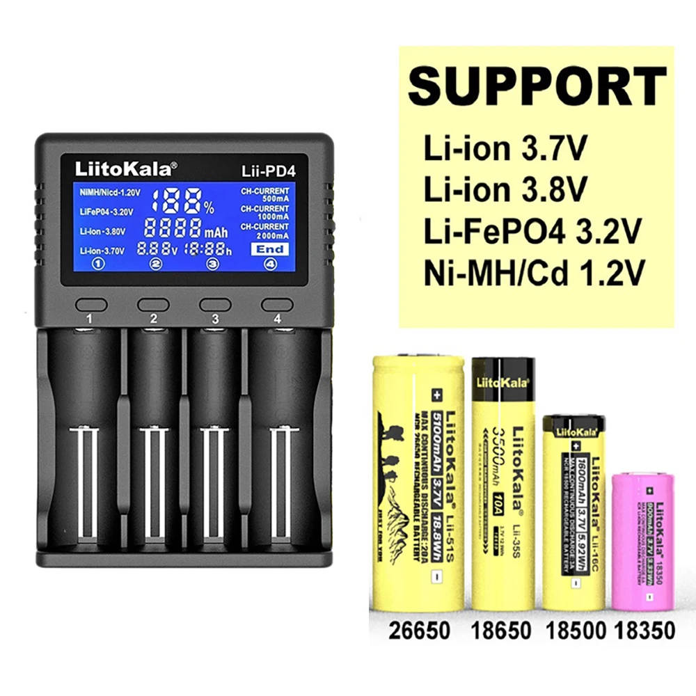 Liitokala Lii-S12 Lii-PD2 Lii-PD4 18650 Battery Charger for 1.2V 3.7V 9V NiMH 26650 21700 18350 18500 14500 AA  AAA Batteries