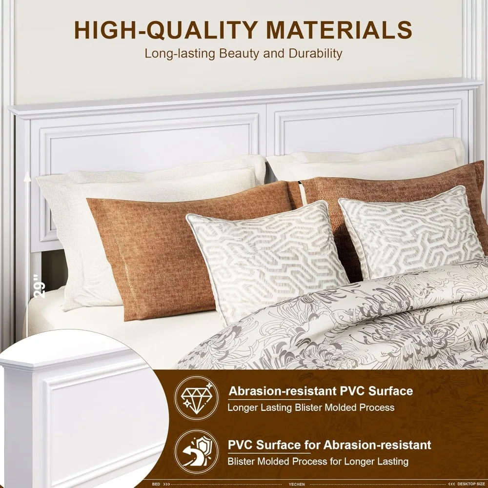 إطار سرير بمنصة على شكل كوين من Yechen مع لوح أمامي و4 أدراج تخزين - هيكل خشبي قوي، لا يتطلب صندوق زنبركي