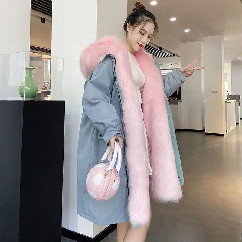 

Faux Fur Denim Bomber Jacket Imitation Fox Fur Liner Jeans Trench Coat Cowboy Stitching Detachable Fur Collar Hat Cardigan Tops