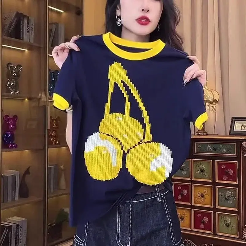 

100% Pure Cotton Splicing Printed Short Sleeves T-shirt Summer New Casual Loose Popular Versatile Tops Fashion Clothes for Women