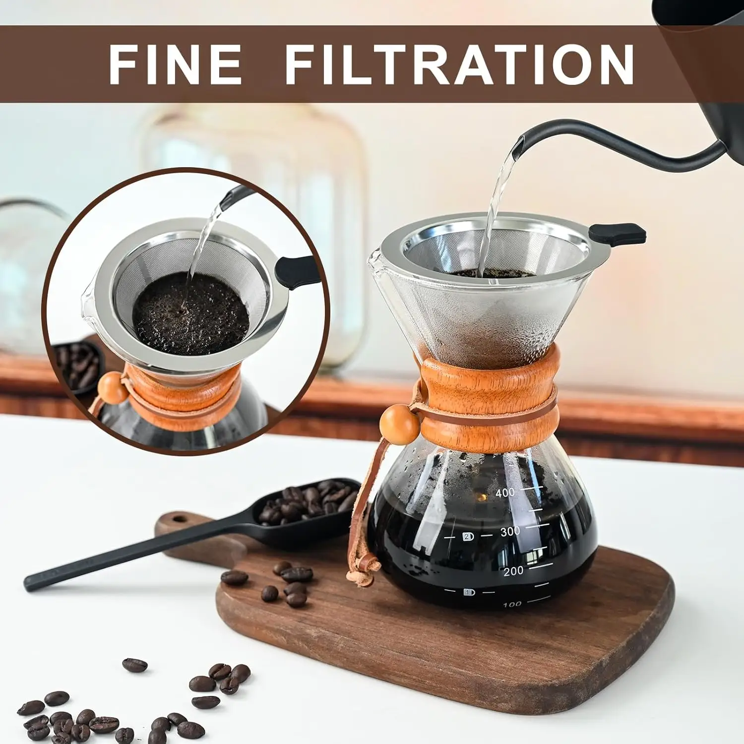 Handfilter-Kaffeekanne mit Doppelschichtfilter, V-förmigem Ausguss, Holzhülle, Kaffeebrühkanne aus Borosilikatglas für Filterkaffee