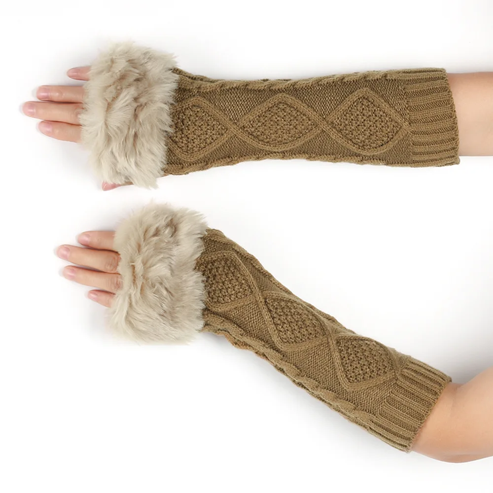 Women Plush Gloves Faux Fur Knitted Sleeve Cover Winter Warm Fingerless Mittens Arm Gloves Wrist Crochet Half Finger Gloves