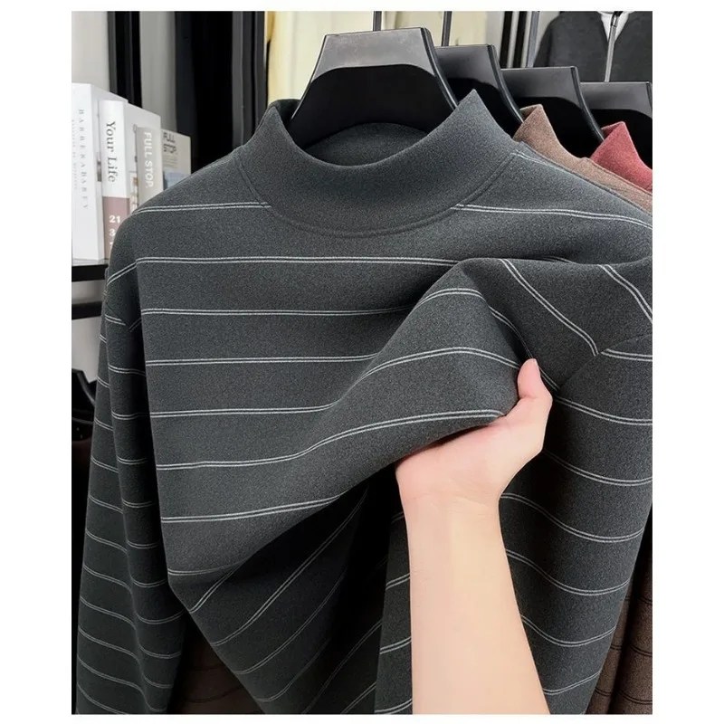 

Half Turtleneck Long-sleeved T-shirt for Men Autumn and Winter Velvet Thickened Warm Contrast Striped Top