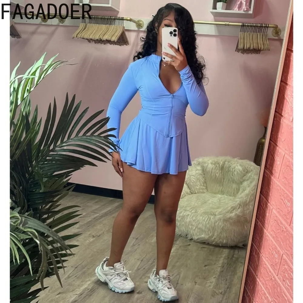 FAGADOER 2024 INS Trendy Sporty Streetwear 2 Piece Set Women Slim Zip Coat Mini Pleated Skirts Sets (Shorts Inside The Skirt)