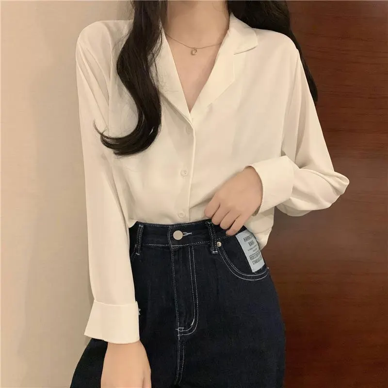 Office Lady Solid Color Suit Collar Blouse Korean Single-breasted Spring Vintage Loose Long Sleeve Women's Clothing Basic Shirt