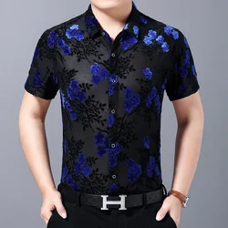 Sexy Transparent Shirt Men Flower Print Velvet Shirt Club Chemise Homme 2020 Spring Mannen Kleding Short Sleeve Slim Fit