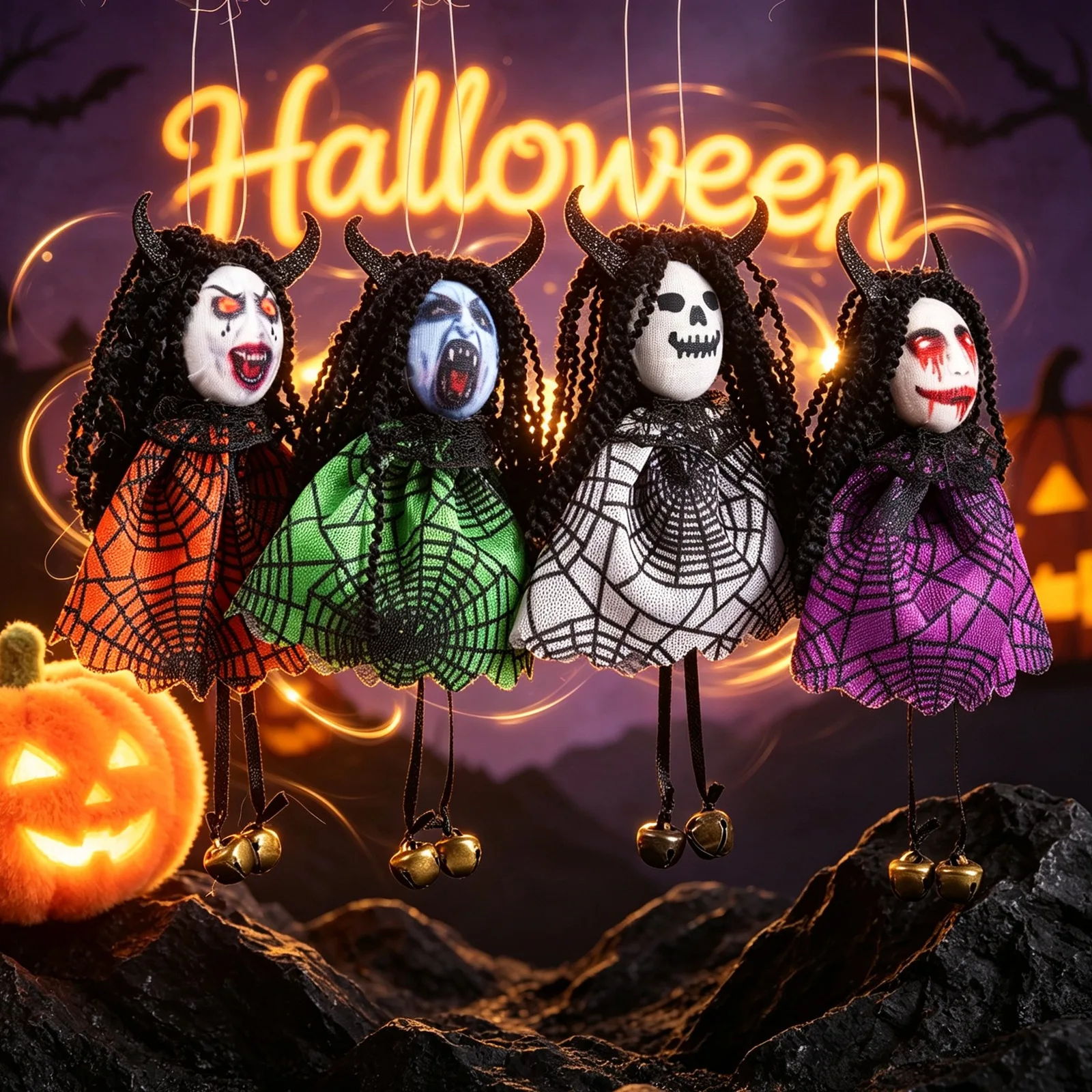 Halloween Ghost Face Witch Doll Hanging Ornament with Bells Scary Bull Horn Ghost Face Decor Pendant Halloween Party Decoration