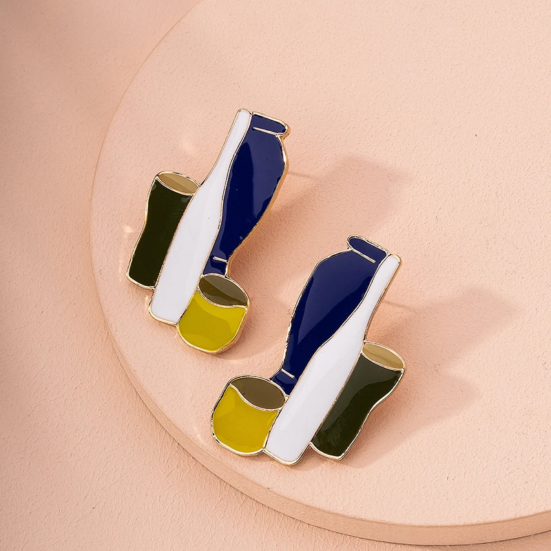 

Fashionable enamel glaze abstract art lines simple drawing bottle jar pattern earrings, outing party jewelry
