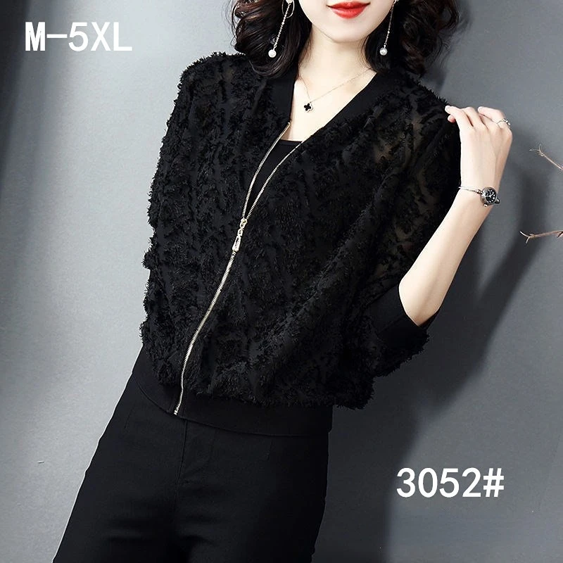 

Women's Lace Chiffon Flocking Jacket, Spring Tops, Summer Cardigan, Baseball Jacket, Long Sleeve, Zip Up Clothing, Thin Coat