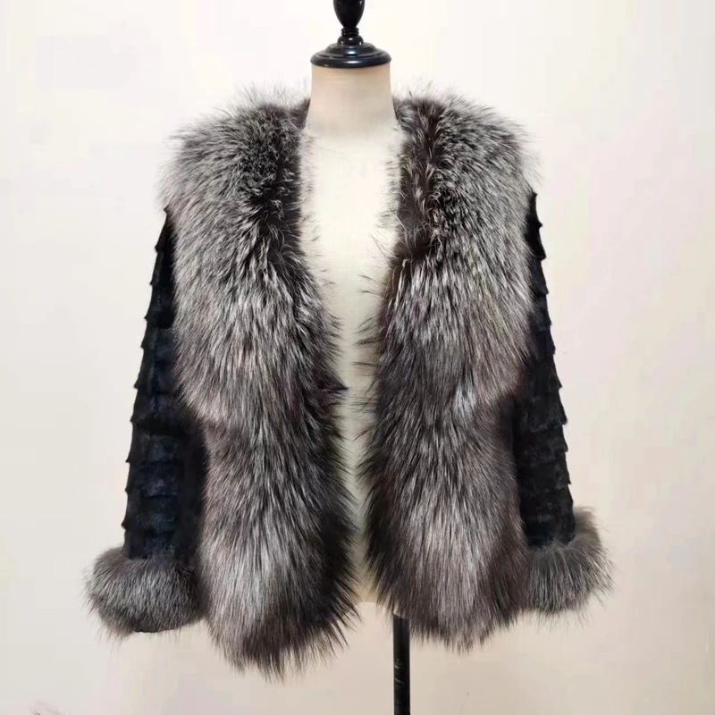 Wholesale Women Short Real Natural Mink Fur Coat Fluffy Sliver Fox Fur Collar Mink Jacket