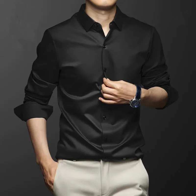 

New Men's Business Shirts Long Sleeve Spring Anti-Wrinkle Dress Shirt Soft Smooth Slim Fit Camisa Social Blouse Black Blue S-5XL
