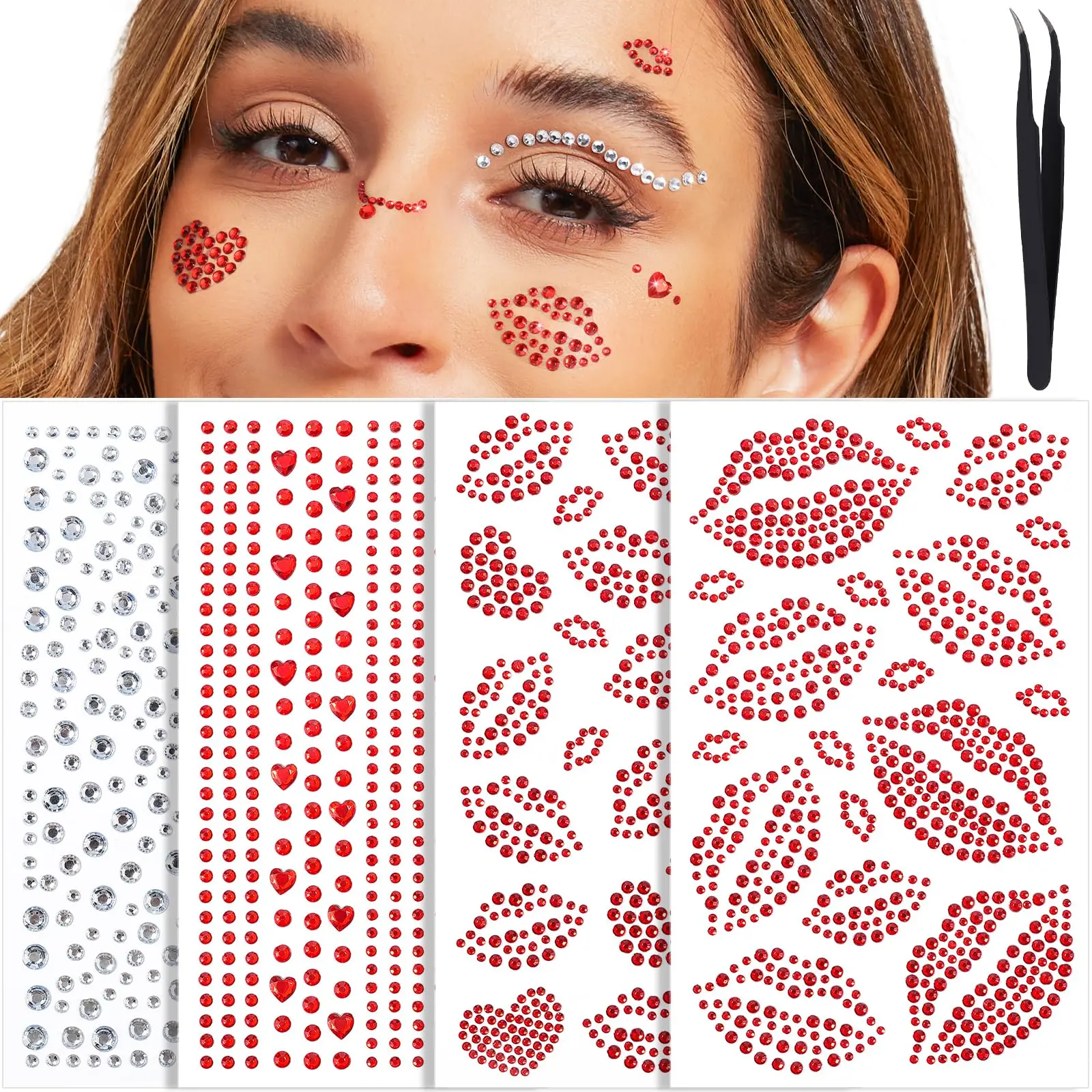 Self‑Adhesive Face Gem Stickers Heart Rhinestone Silver Dome Bead Ornaments with Tweezers for Halloween Party Makeup