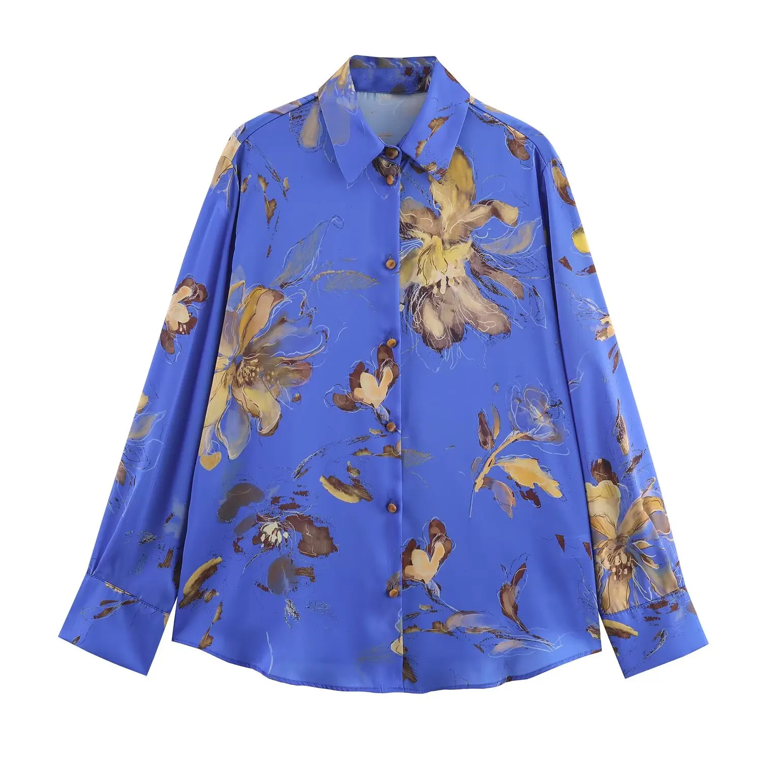 2025 New Women's Casual Shirt Floral Print Silk Satin Texture Shirt Floral Print Loose Fit Blue Long Sleeve Shirt Silk Texture P