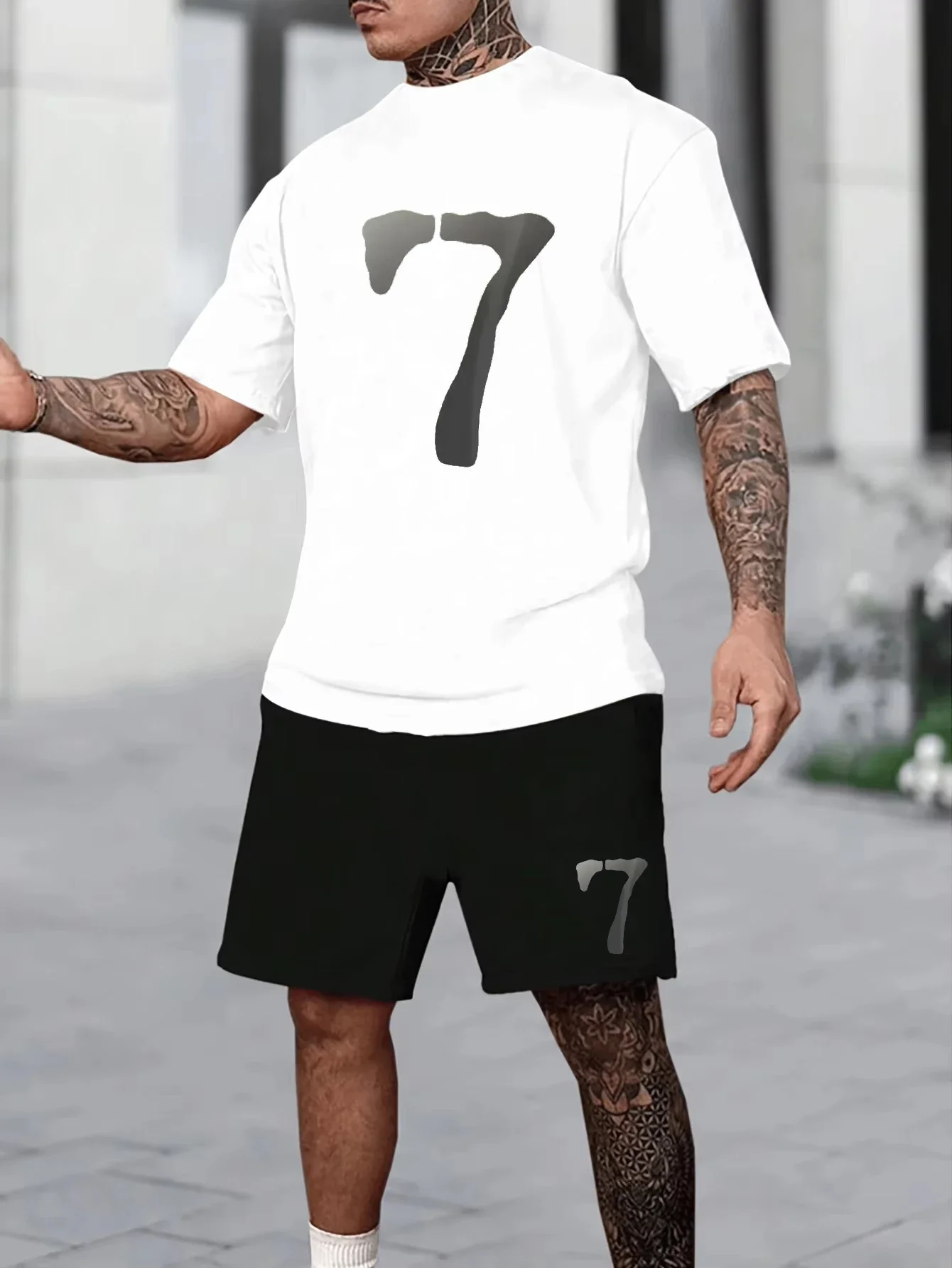 

High-end Short-sleeved Shorts Suit Men's Fashion Summer Round Neck Simple Printed Versatile Casual Trend Harajuku Men Clothes