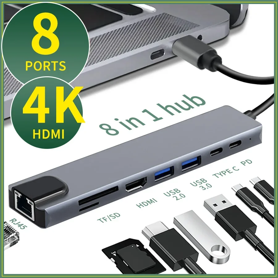 

8 In1 Type C 3.1 to 4K HDMI Adapter with RJ45 SD/TF Card Reader USB C HUB PD Fast Charge for MacBook Notebook Laptop Computer