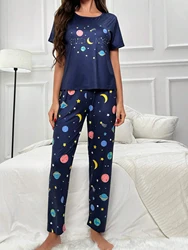 Women's Pajama Set Planet Print Short Sleeves Round Neck Top Elastic Band Pants Summer Sleepwear Set Comfortable Relaxed Fit